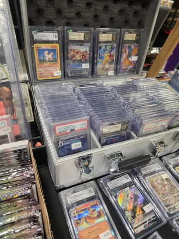 Graded comics arranged in a display case